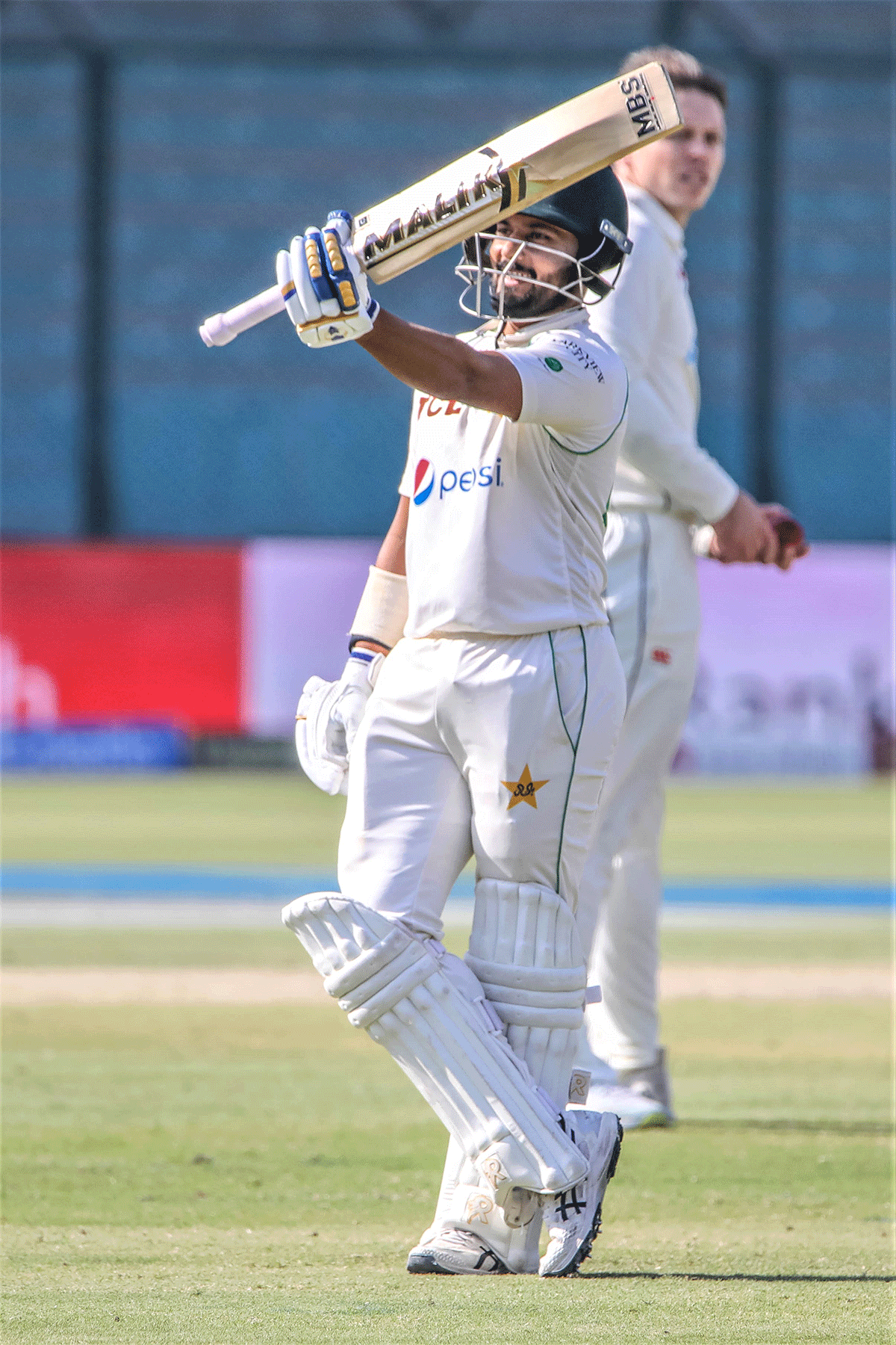 Pakistan's Saud Shakeel celebrates on scoring his century against New Zealand on Day 3 of the 2nd Test in Karachi on Wednesday