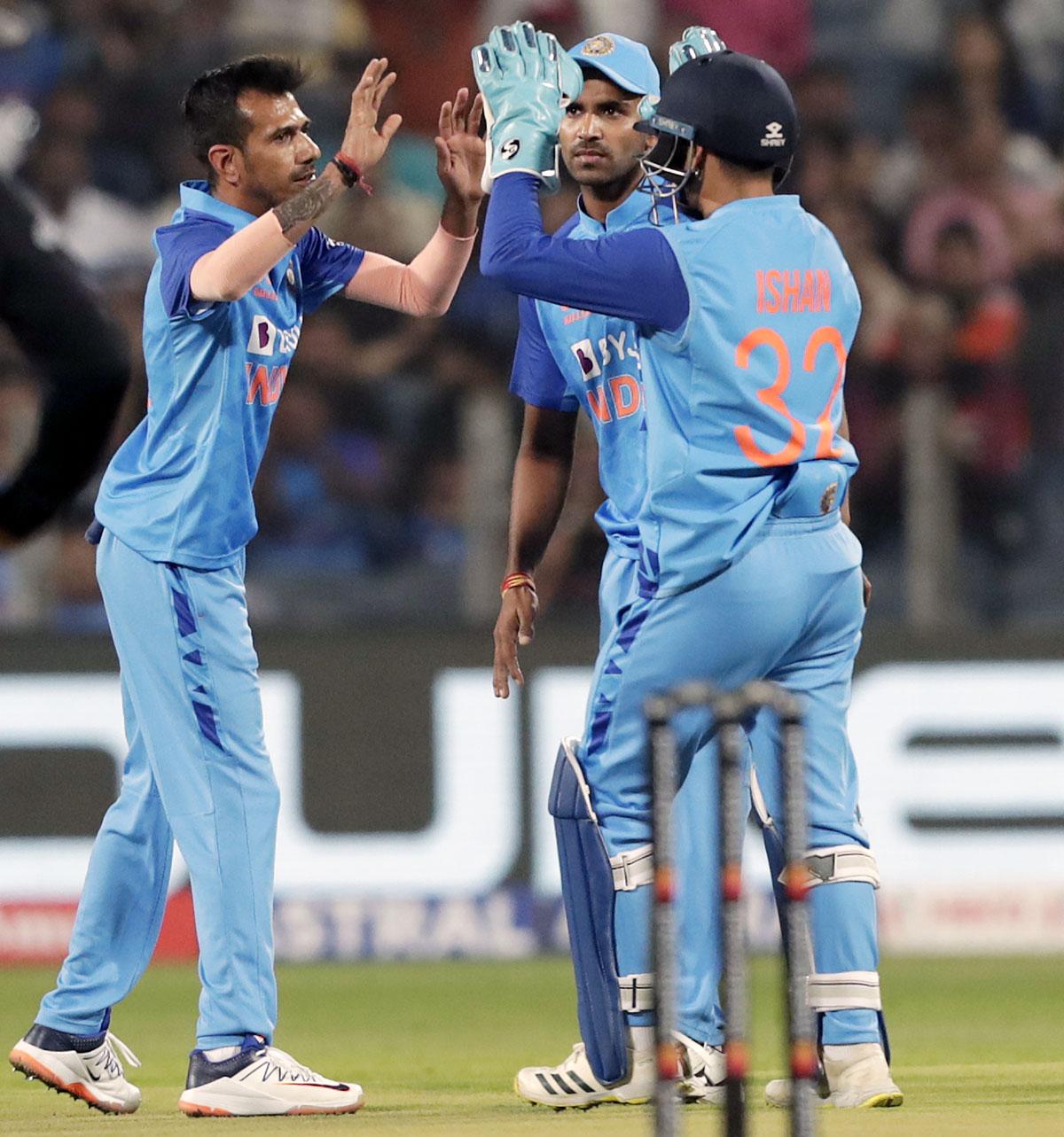 Yuzvendra Chahal celebrates the wicket of Kusal Mendis.