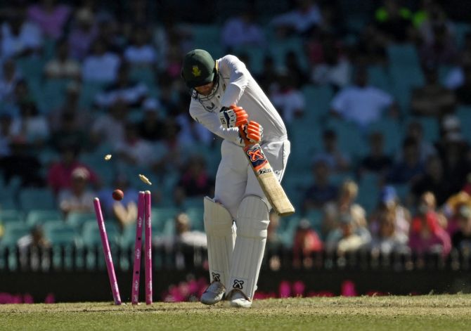 Heinrich Klaasen is bowled by Josh Hazlewood in South Africa's second innings.