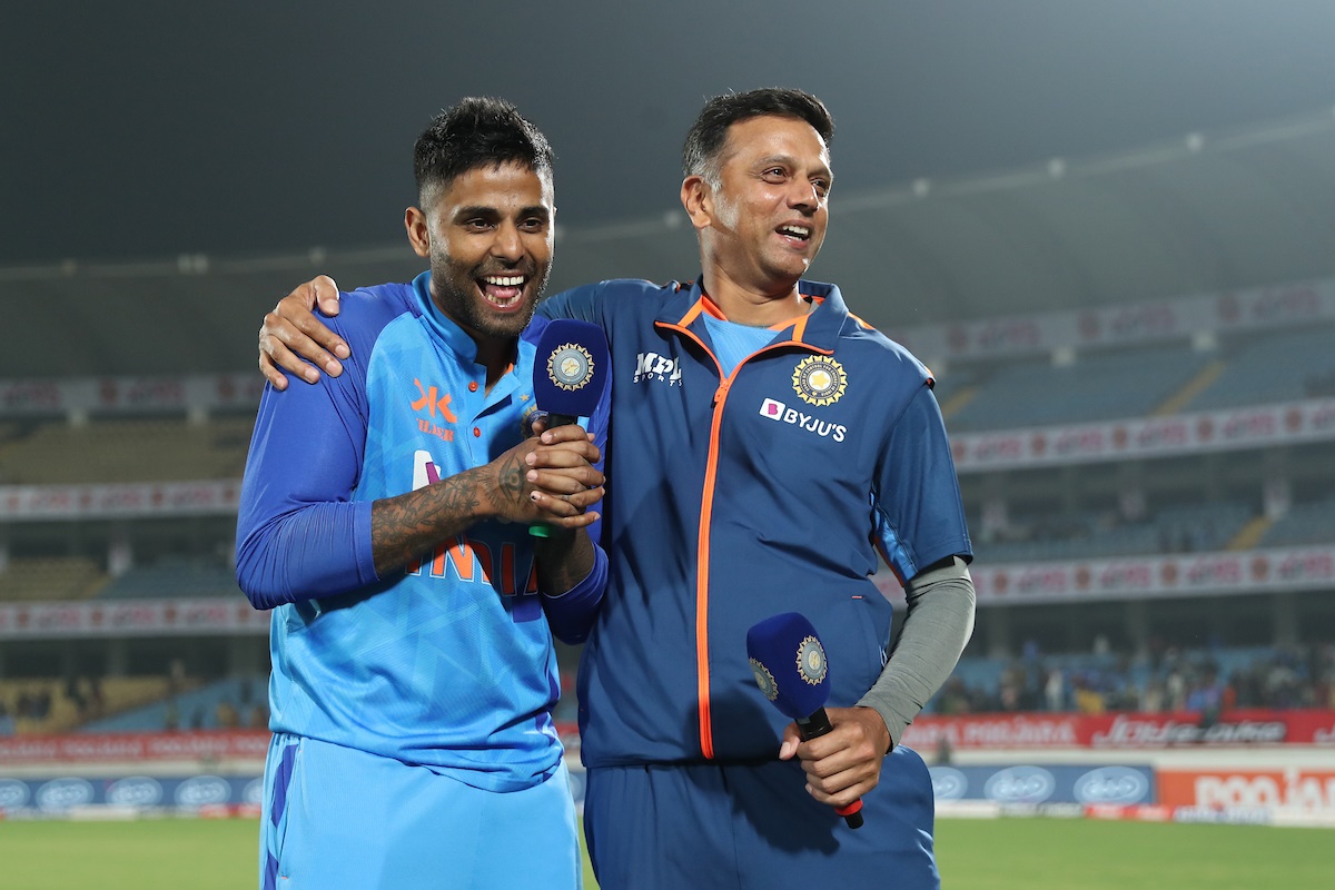 Suryakumar Yadav gets a hug from India Head coach Rahul Dravid after the third T20I against Sri Lanka, at the Saurashtra Cricket Association Stadium, in Rajkot, on Saturday.