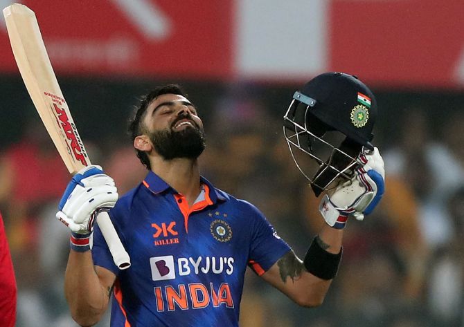 Virat Kohli celebrates after completing his century during the first ODI against Sri Lanka in Guwahati on Tuesday