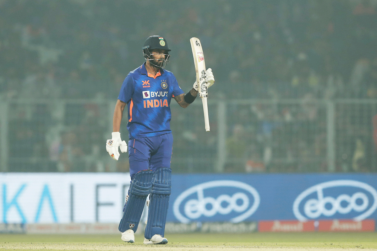 India's KL Rahul celebrates on completing his half century