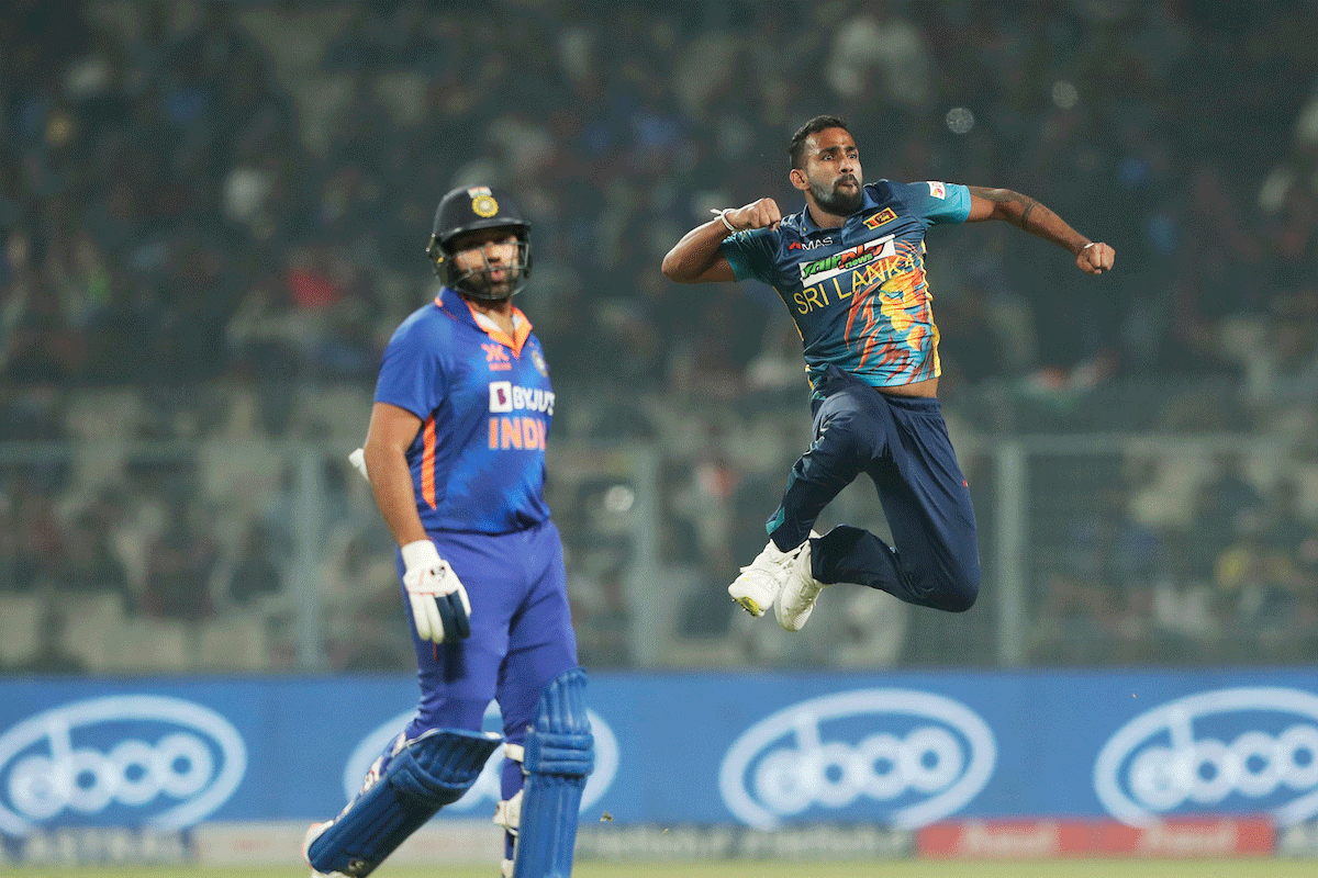 Chamika Karunaratne and Lahiru Kumara celebrate the wicket of Shubman Gill