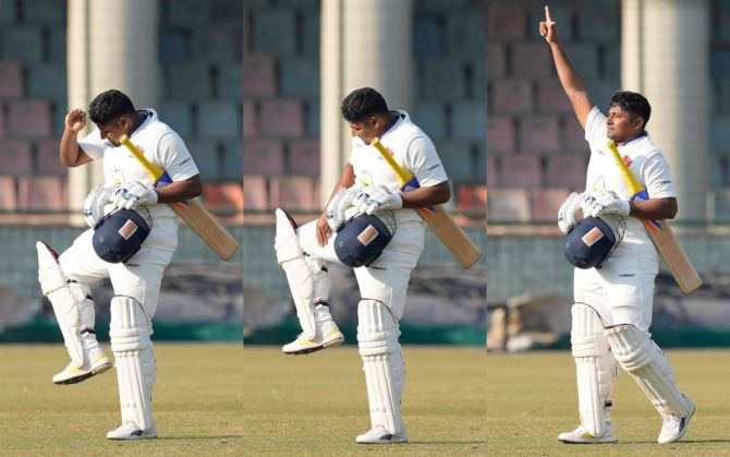 Mumbai's Sarfaraz Khan reacts after scoring a hundred on Day 1 of the Ranji Trophy Group B match against Delhi, at the Ferozshah Kotla ground in New Delhi, on Tuesday.
