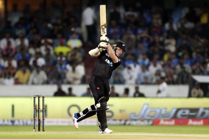 Michael Bracewell of New Zealand hits a four.