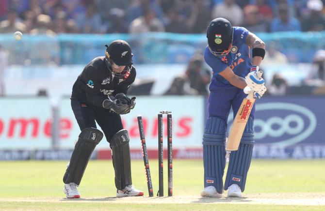 Virat Kohli is bowled by Mitchell Santner.