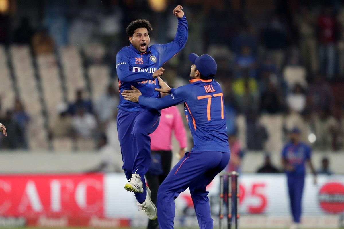 A jubilant Kuldeep Yadav after taking the wicket of Henry Nicholls.