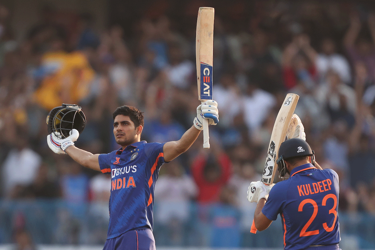 Shubman Gill celebrates on scoring his double century