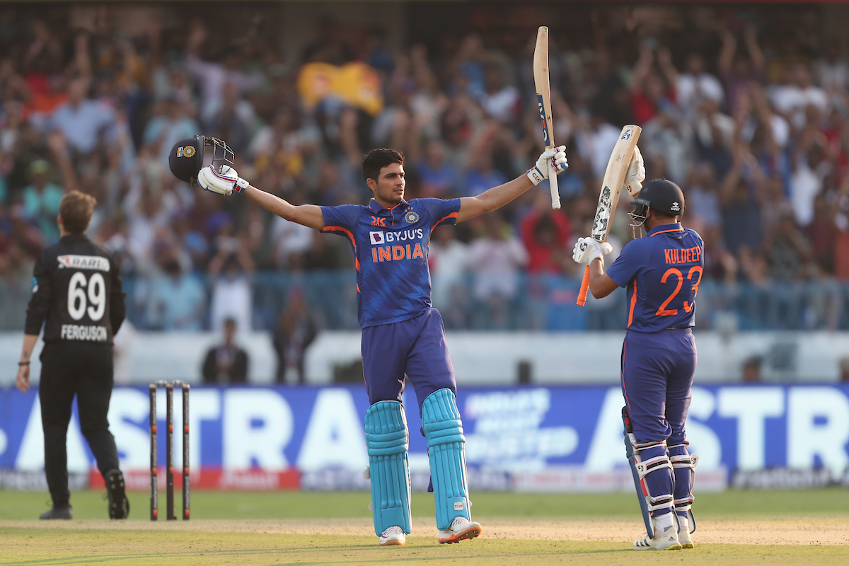 Shubman Gill celebrates his double century during the first One Day International against New Zealand, at the Rajiv Gandhi International Stadium, in Hyderabad, on Wednesday.