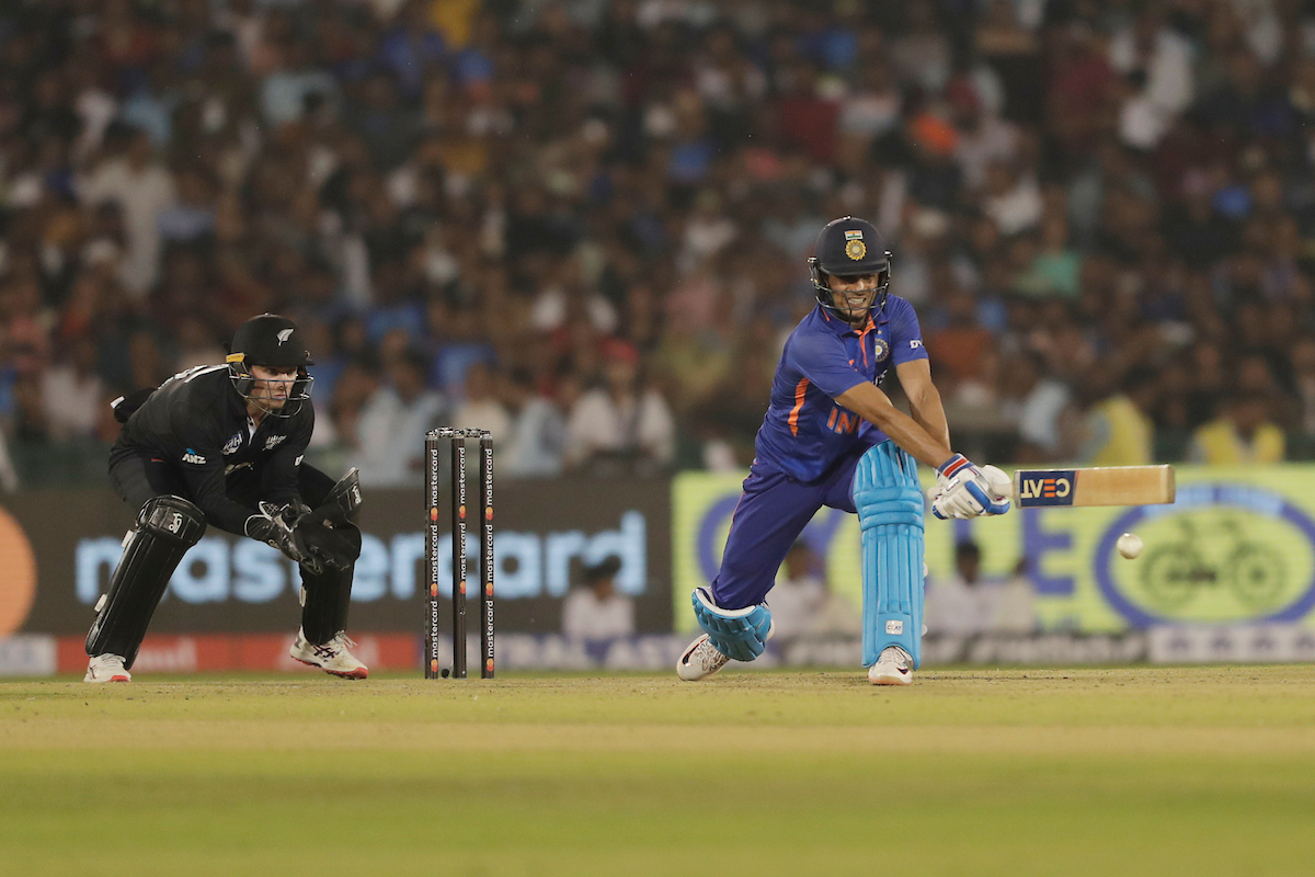 Shubman Gill plays the reverse-hit during his 53-ball 40.