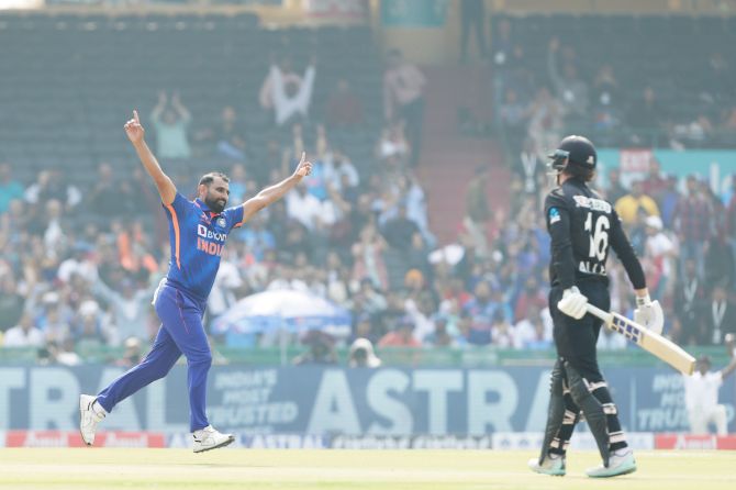 Mohammed Shami celebrates shattering the stumps of New Zealand opener Finn Allen during the second ODI at the Shaheed Veer Narayan Singh International Cricket Stadium, in Raipur, on Saturday.