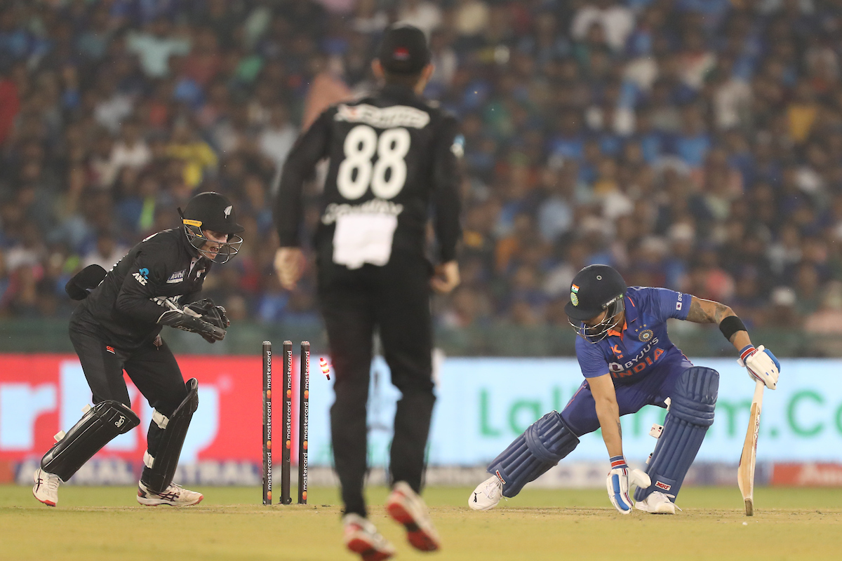 Virat Kohli stumped by wicketkeeper Tom Latham.