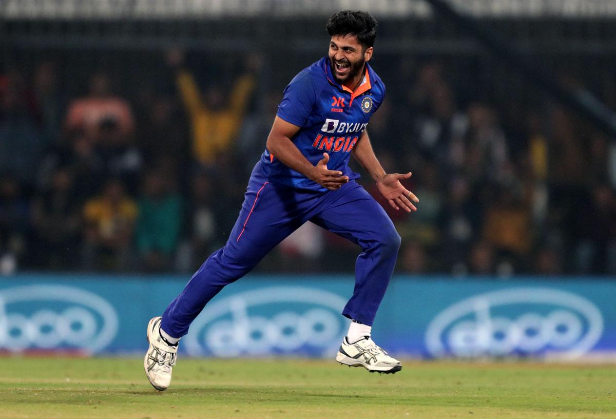 Shardul Thakur celebrates the wicket of New Zealand captain Tom Latham