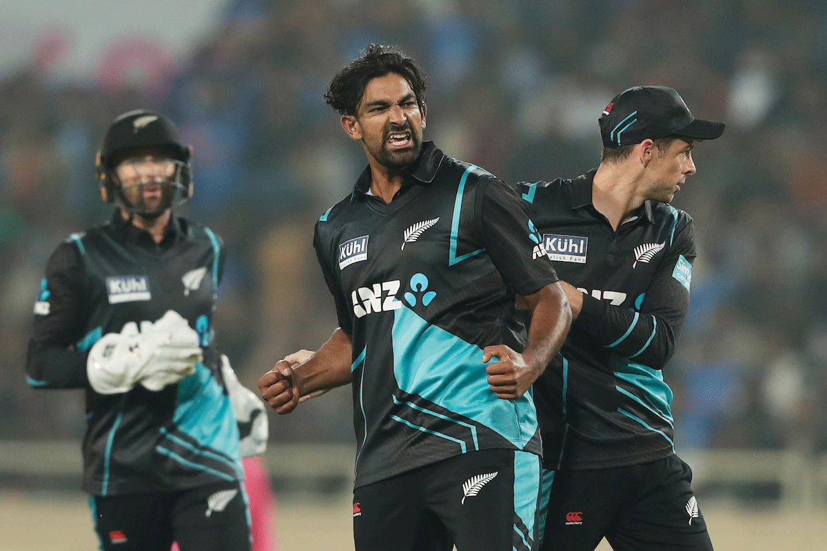 New Zealand's Ish Sodhi celebrates on taking the wicket of India's Suryakumar Yadav