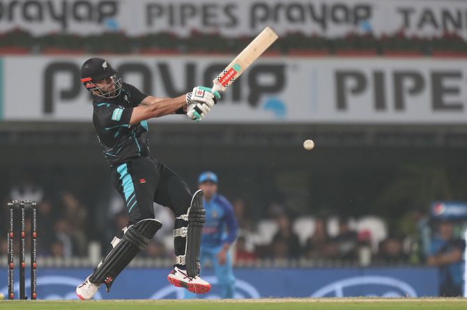 New Zealand's hits a six during his 30-ball unbeaten 59 in the first T20 International against India, at the JSCA International Stadium Complex, Ranchi, on Friday.