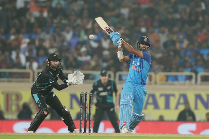 Washington Sundar hits a four during his fighting 28-ball 50 in the first T20I against New Zealand in Ranchi on Friday.