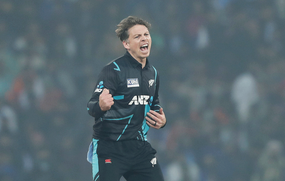 Michael Bracewell celebrates the wicket of Shubman Gill.