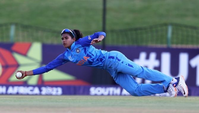 India's Gongadi Trisha pulls off a superb catch to dismiss Grace Scrivens during the ICC Women's Under-19 T20 World Cup 2023 final against England at JB Marks Oval in Potchefstroom, South Africa, on Sunday.