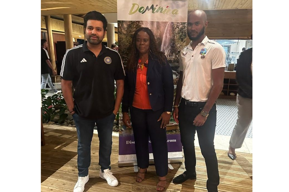 India captain Rohit Sharma and West Indies captain, Kraigg Brathwaite with Gretta Roberts, Minister for Culture, Youth, Sports & Community Development, Dominica at a Cocktail Welcome Reception in Dominica on Monday.