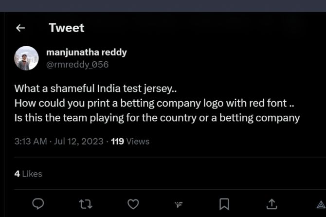 Tweet panning India's latest Test jersey