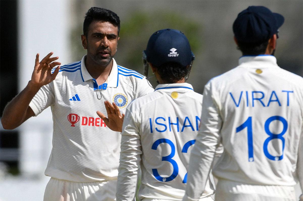 Ravichandran Ashwin celebrates after dismissing Alzarri Joseph in the West Indies' second innings on Day 3 of the first Test.