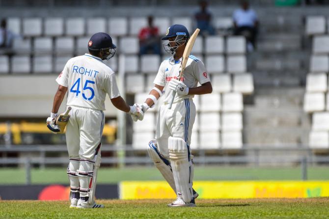 Rohit Sharma and Yashasvi Jaiswal celebrate bringing up India's 100.