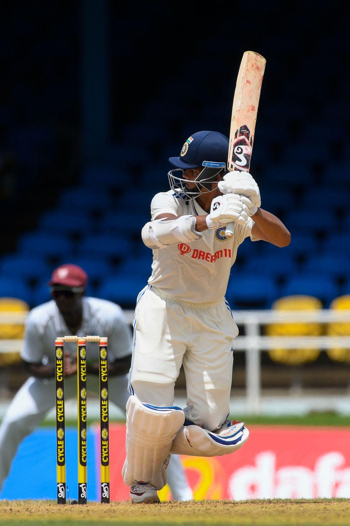 Yashasvi Jaiswal flicks the ball off his feet for a boundary.