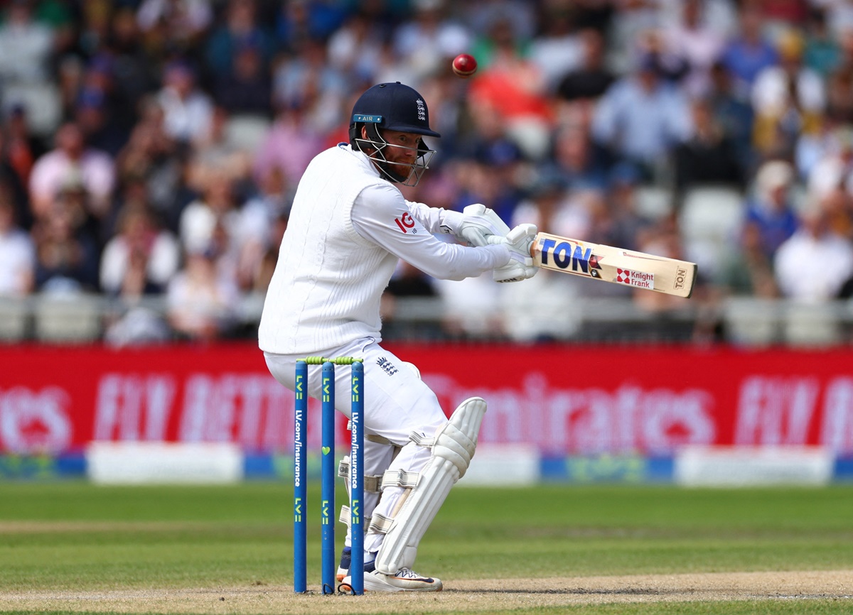 Jonny Bairstow hits a four during England's first innings of the fourth Ashes Test against Australia at Old Trafford Cricket Ground, Manchester, on Friday.