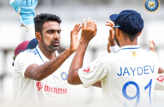 Ravichandran Ashwin celebrates dismissing West Indies opener Kraigg Brathwaite on Day 3 of the second Test, at Queen's Park Oval, Port of Spain, on Saturday.