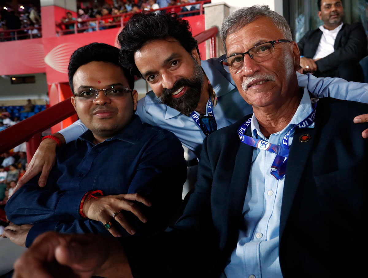  BCCI Secretary Jay A Shah, left, with President Roger Binny, right, and IPL Chairman Arun Dhumal.