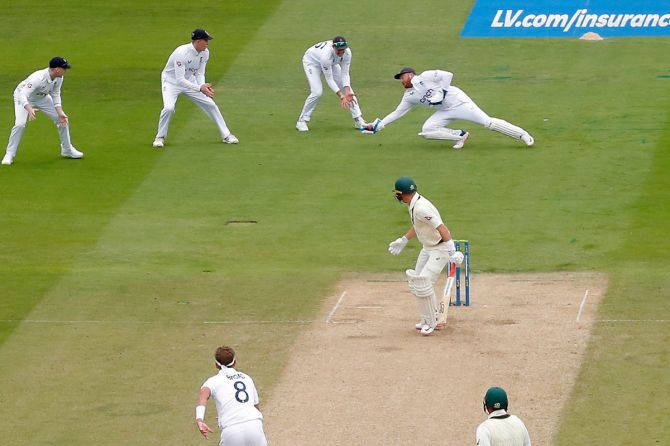 England's Jonny Bairstow takes a catch to dismiss Australia's Marnus Labuschagne off the bowling of Stuart Broad. Labuschagne had a quiet Test by his standards scoring 0 and 13 in 1st Ashes Test