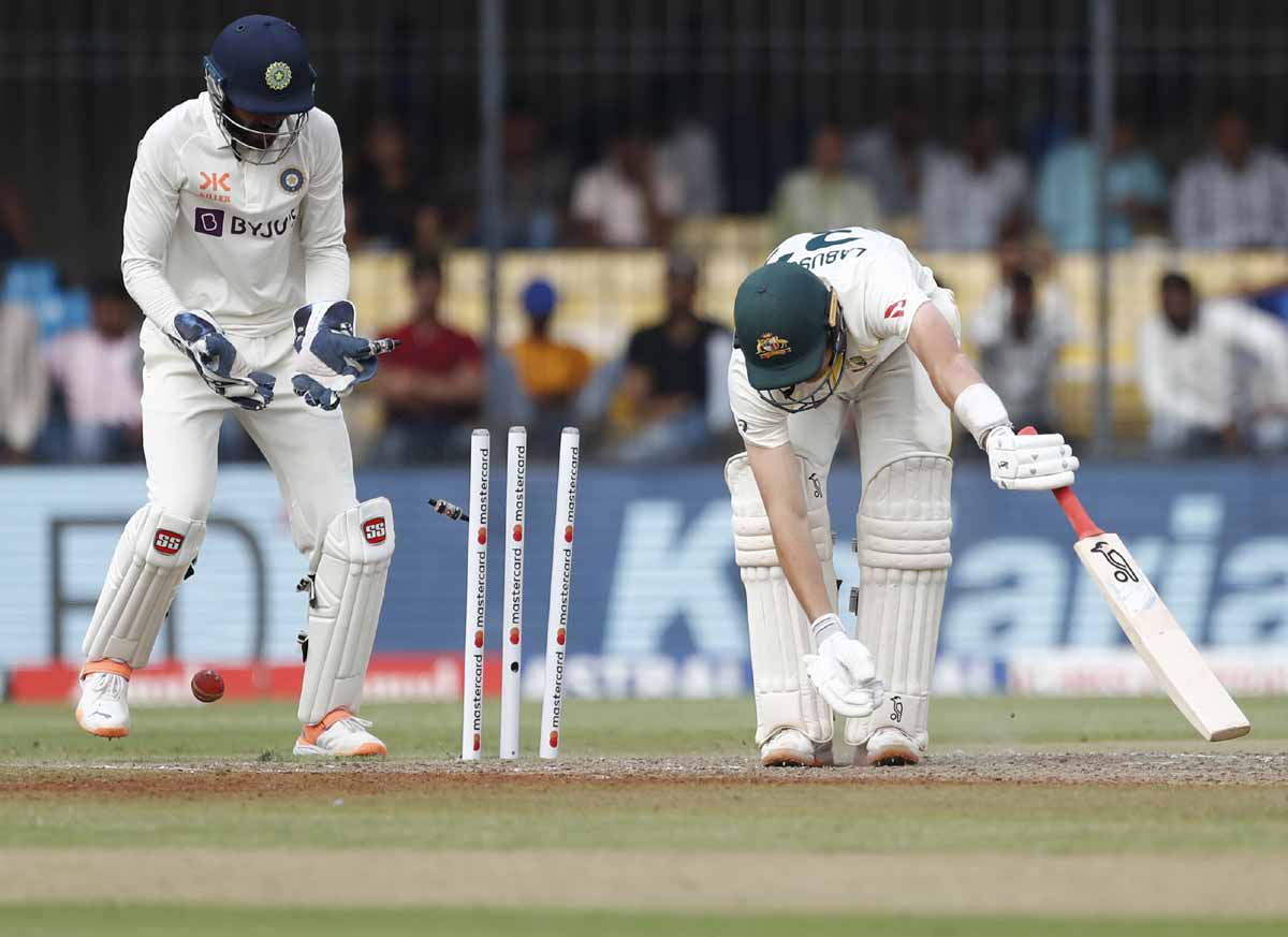 Marnus Labuschagne is bowled by Ravindra Jadeja on Day 1 of the 3rd Test in Indore on Wednesday