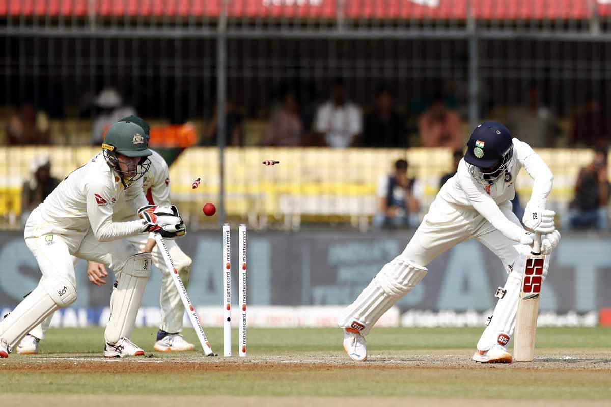 Srikar Bharat is bowled by Nathan Lyon.