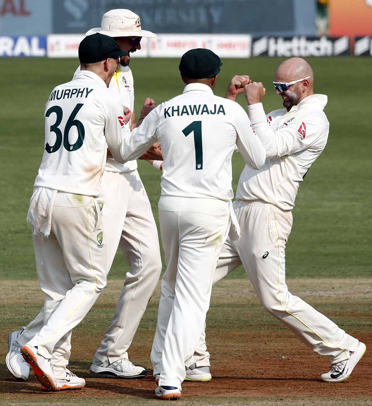 Nathan Lyon celebrates the wicket of Ravichandran Ashwin