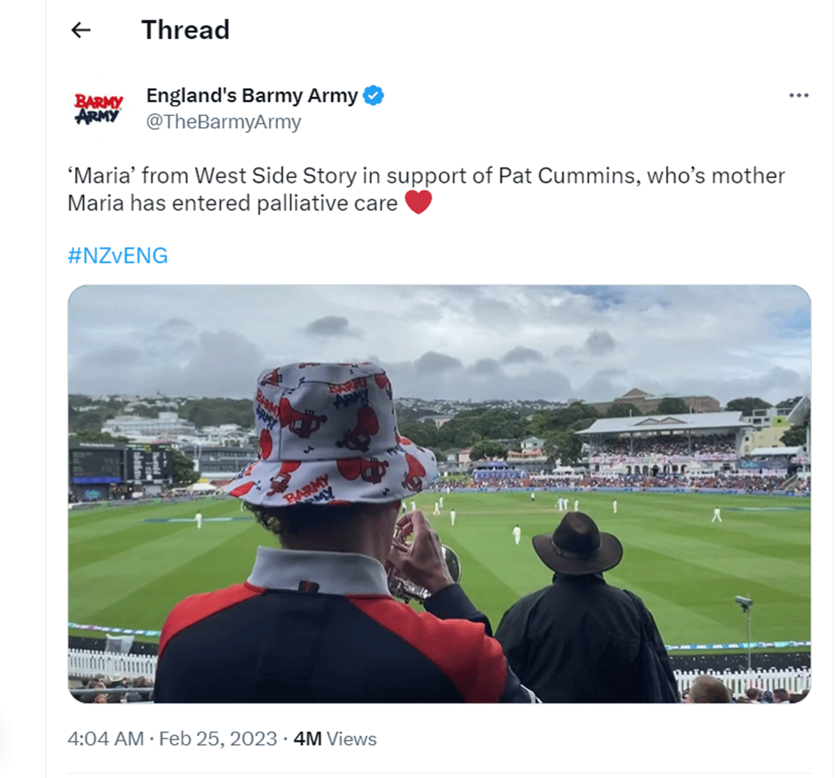 The Barmy Army's tribute to Pat Cummins' mother was acknowledged by the Australian captain himself