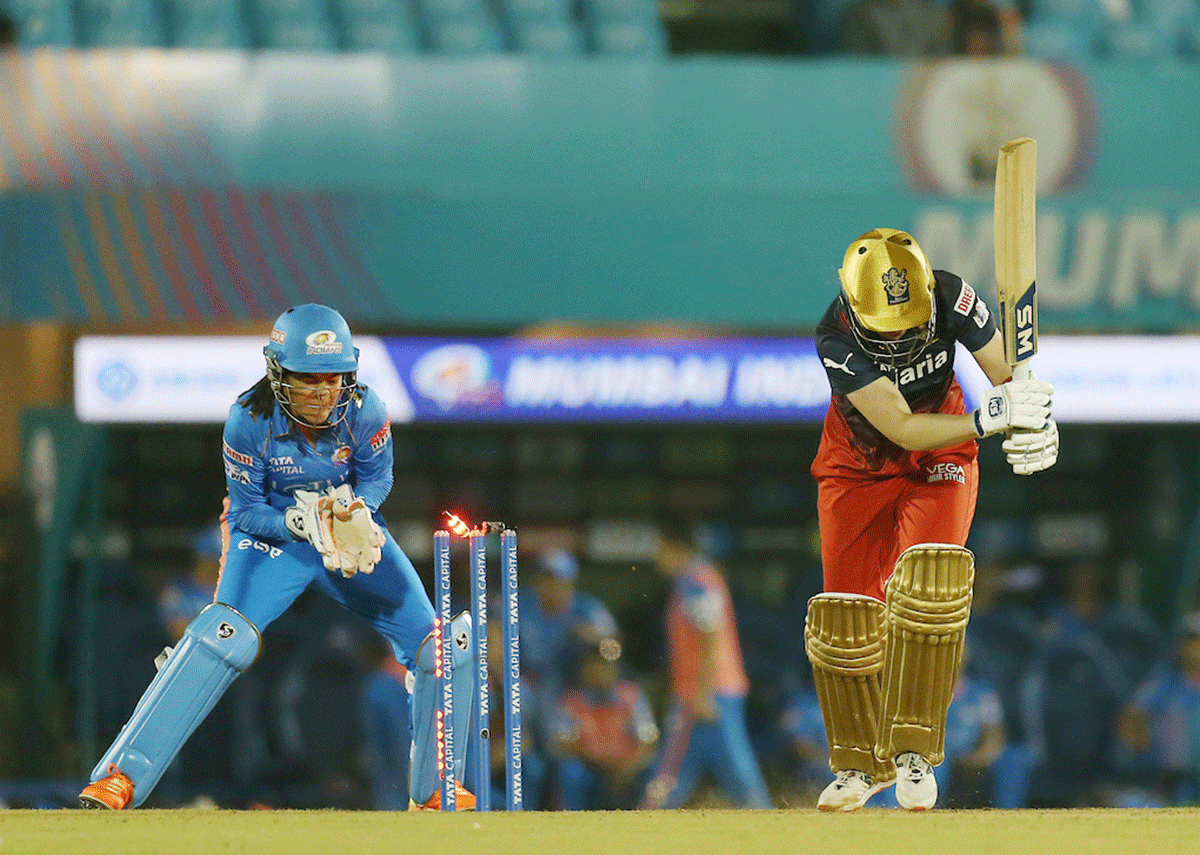 Heather Knight is bowled by Hayley Matthews 