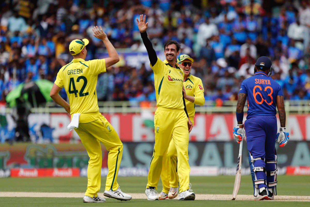 Mitchell Starc celebrates the wicket of Suryakumar Yadav during the 2nd ODI in Visakhapatnam on Sunday