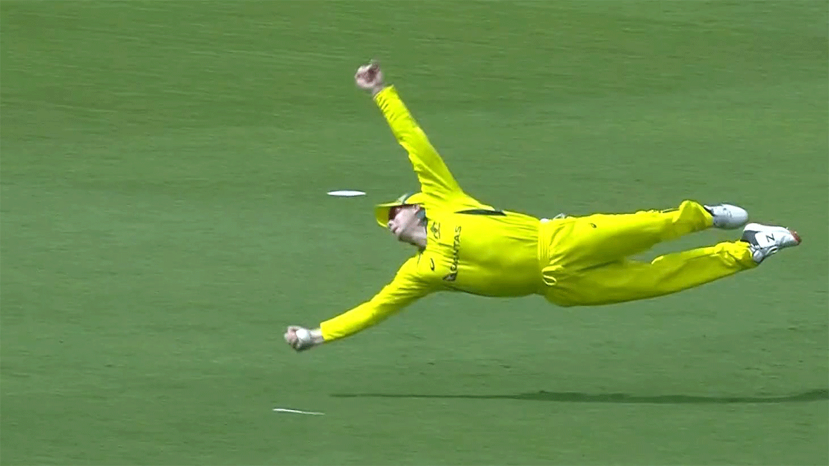 A screengrab of Steve Smith diving full length to take one-handed blinder