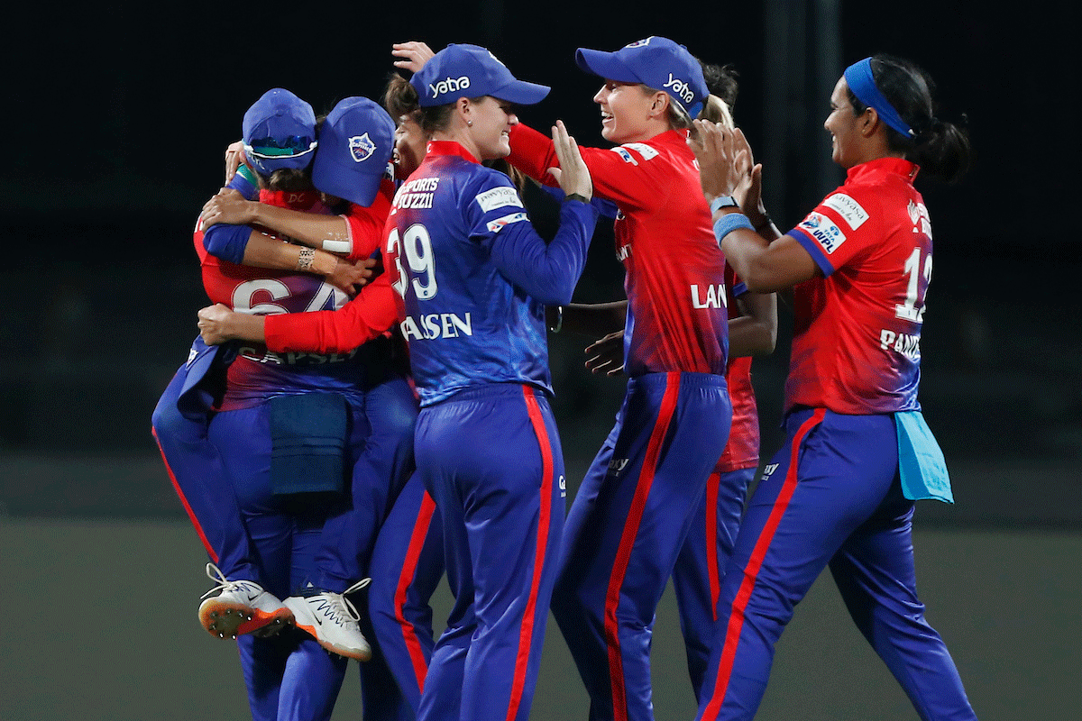 Delhi Capitals players celebrates the wicket of Hayley Matthews