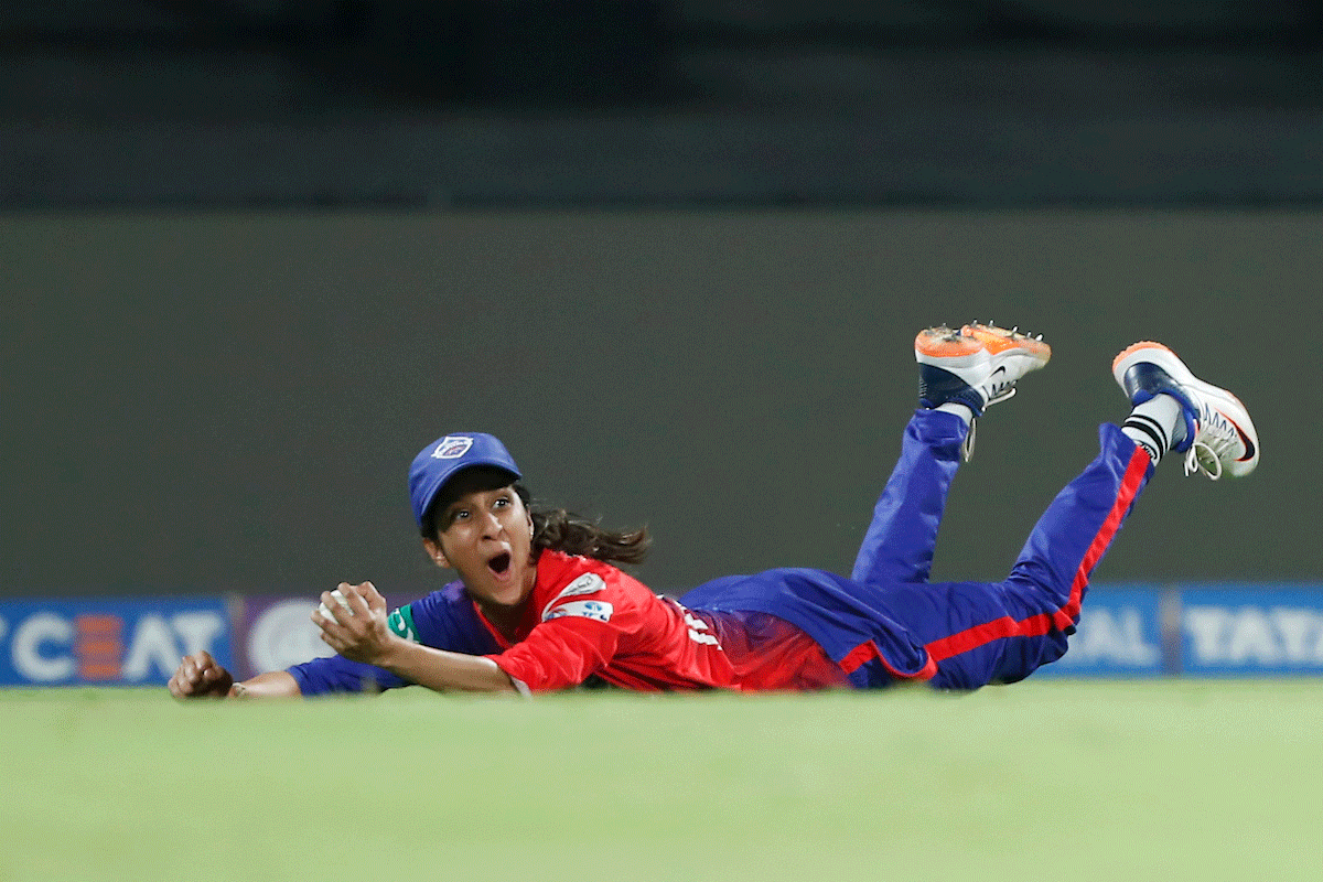 Delhi Capitals' Jemimah Rodrigues celebrates after taking a blinder to dismiss Mumbai Indians's Hayley Matthews 