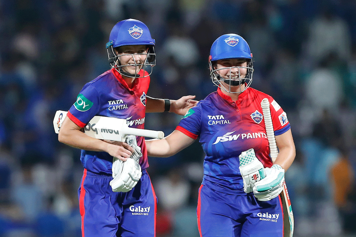 Delhi Capitals' Alice Capsey and Meg Lanning are all smiles following their win over Mumbai Indians.