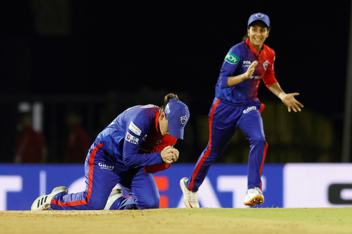 Delhi Capitals' Jess Jonassen takes catch to dismiss Shweta Sehrawat off Radha Yadav