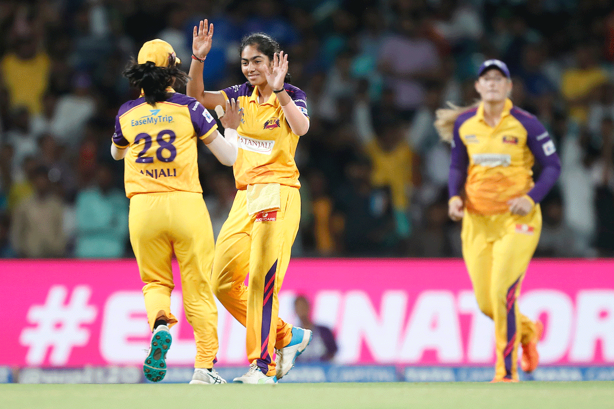 Parshavi Chopra celebrates the wicket of Hayley Matthews 