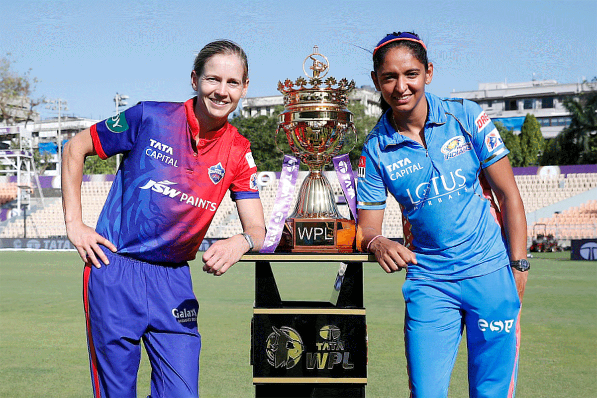 Delhi Daredevils captain Meg Lanning and Mumbai Indians captain Harmanpreet Kaur at the trophy unveiling on Saturday, the eve of the Women's Premier League final on Sunday.