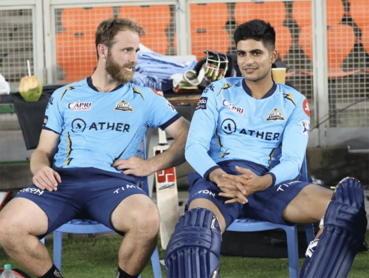 Gujarat Titans' Kane Williamson and Shubman Gill chat during a training session