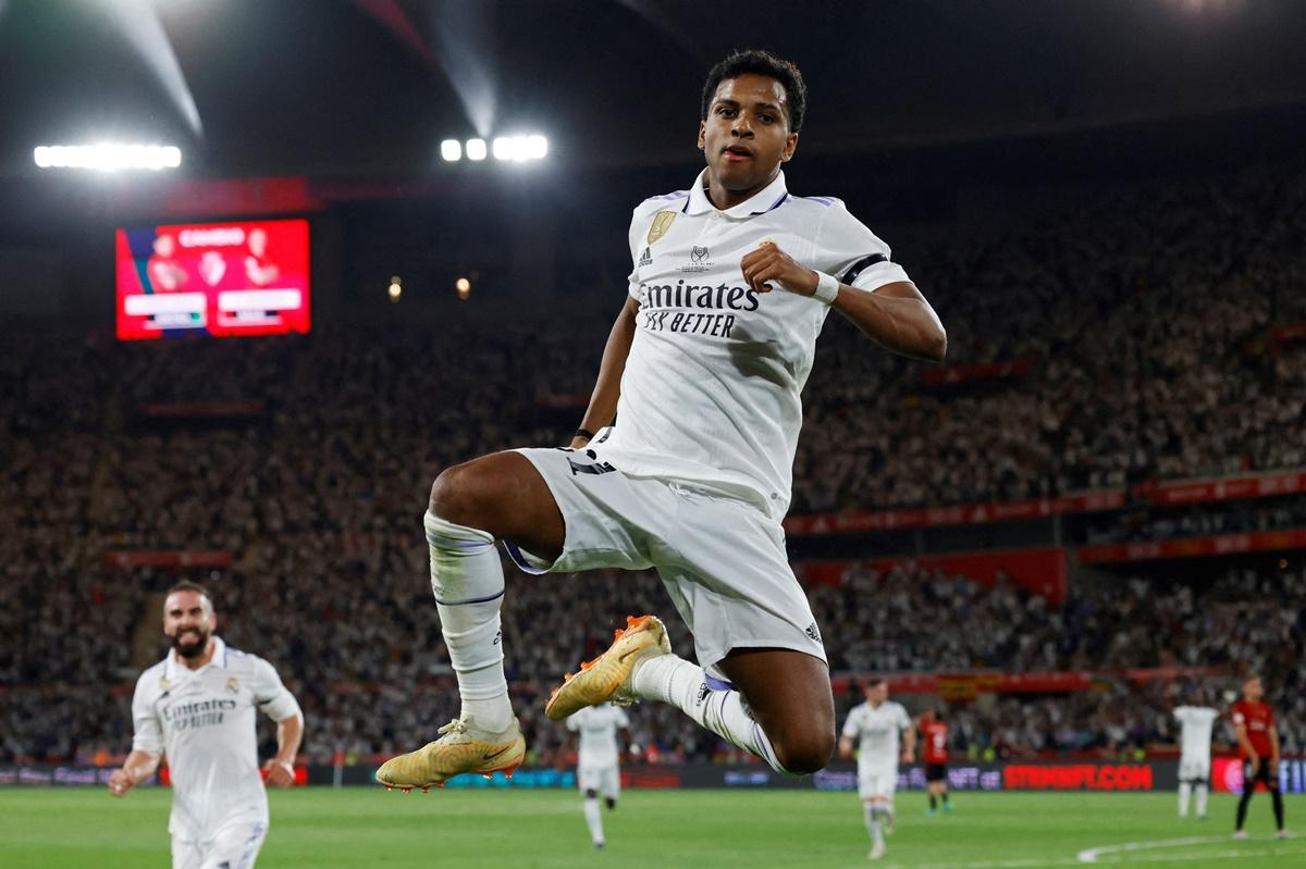 Rodrygo celebrates scoring Real Madrid's second goal.