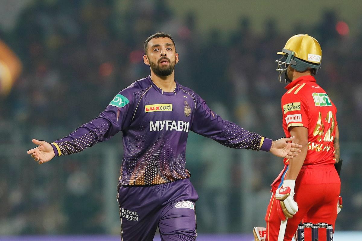 Varun Chakaravarthy celebrates the wicket of Liam Livingstone