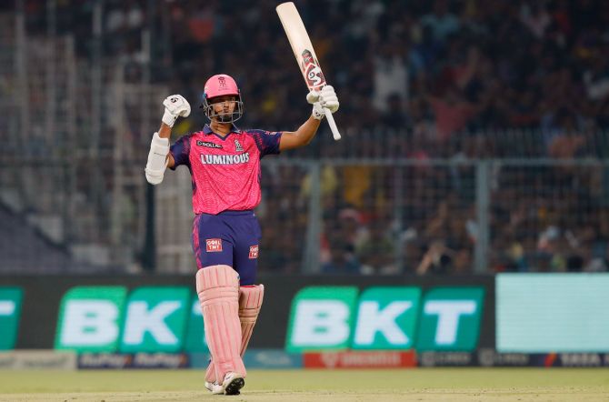 Yashasvi Jaiswal celebrates his half-century from 13 balls -- the fastest fifty in the history of IPL.