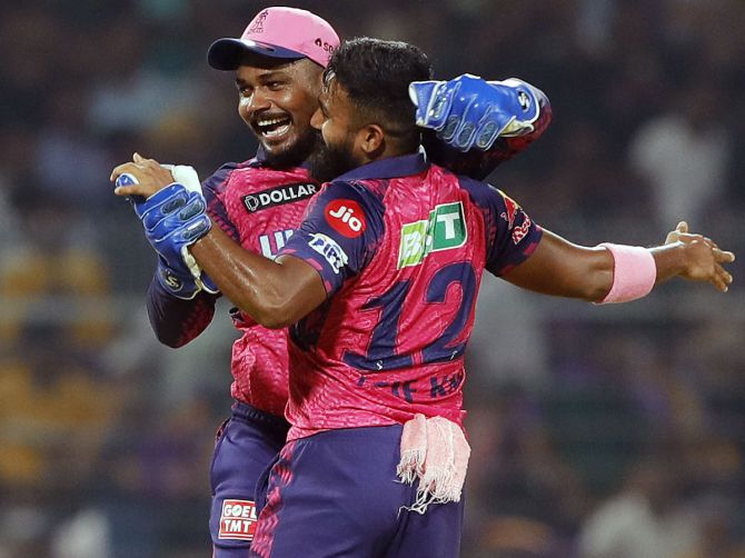 K M Asif celebrates wicket Sanju Samson after taking the wicket of Andre Russell.