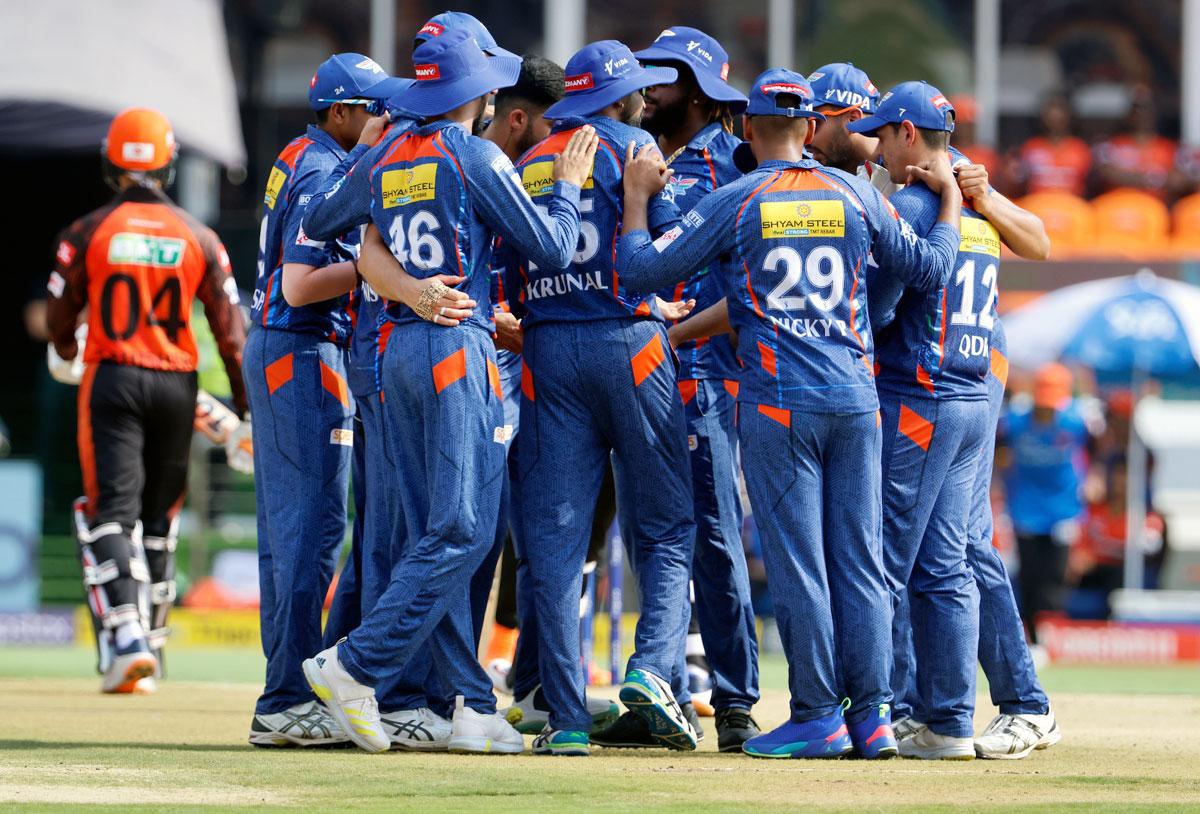 LSG's players celebrate after Yudhvir Singh picked up the wicket of Abhishek Sharma.